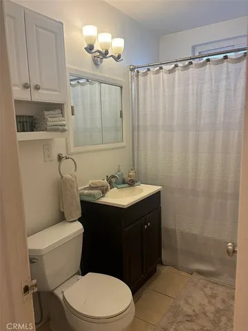 a bathroom with a sink a toilet a mirror and shower curtain