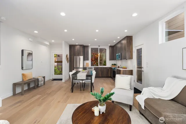 a view of a dining room with furniture