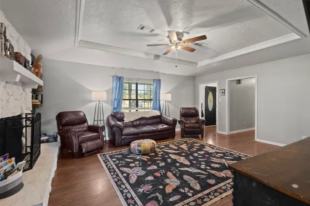 a living room with furniture or couch and a fireplace