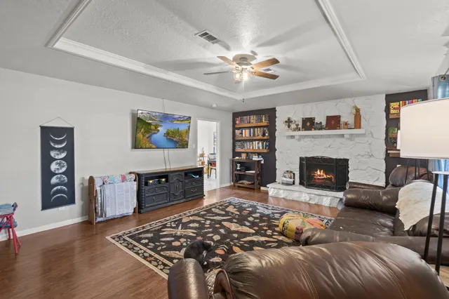 a living room with furniture or couch and a fireplace