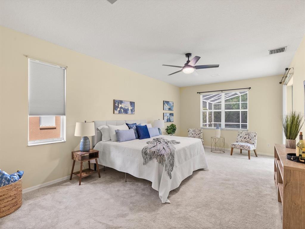 7935 Calindra Court Trinity, FL 34655 - Photo 18 of 52 a spacious bedroom with a bed a chandelier and a desk