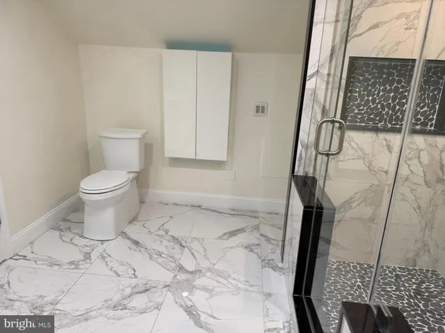 a bathroom with a toilet and a shower