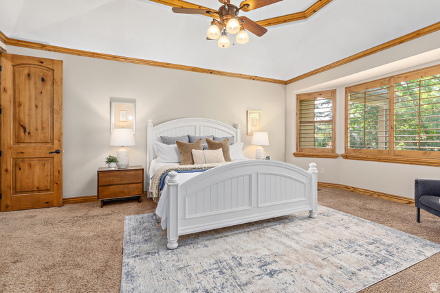 552 East Johns Way Sandy, UT 84070 - Photo 22 of 67 Vaulted ceiling with wood-paneled trim, wood-finish ceiling fan, and recessed lighting