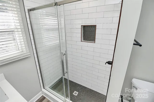 a bathroom with a shower and a toilet