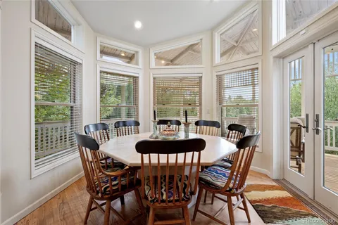 a view of a dining room with furniture window and outside view