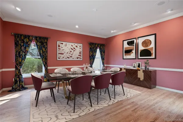 a view of a dining room with furniture