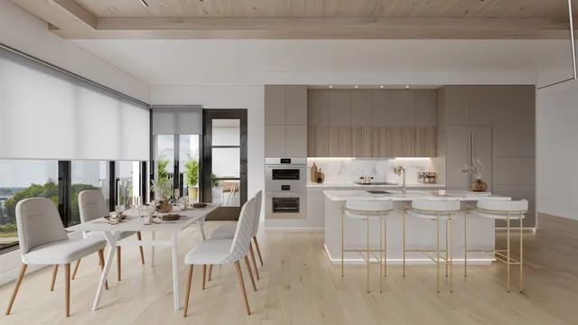 a dining hall with stainless steel appliances kitchen island granite countertop a dining table and chairs