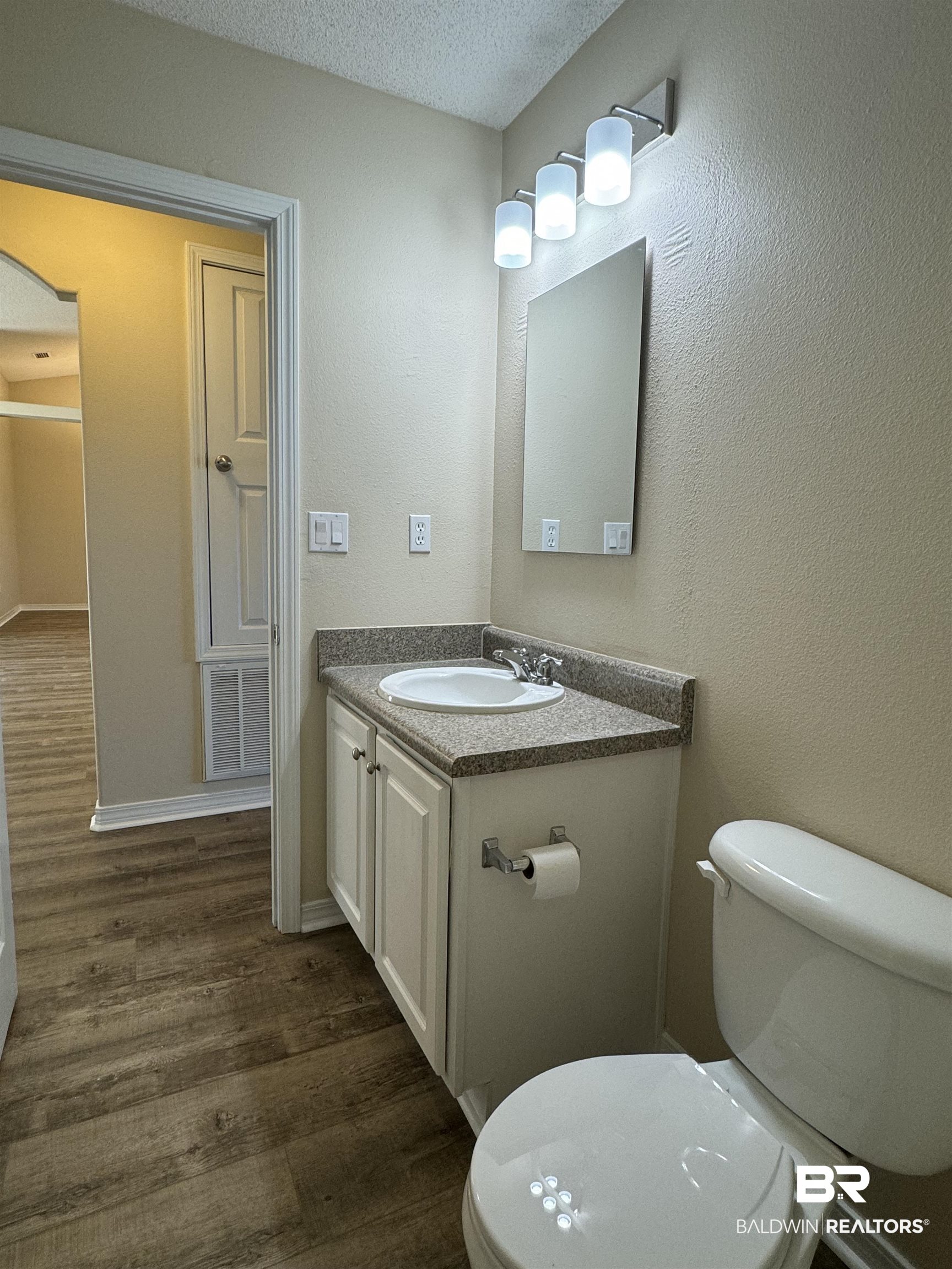32769 Arbor Ridge Circle Lillian, AL 36549 - Photo 25 of 36 Bathroom featuring wood-type flooring, vanity, a textured ceiling, and toilet