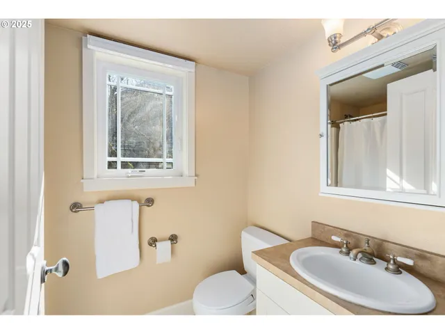 a bathroom with a sink mirror and toilet