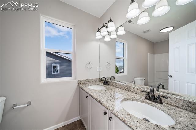 9356 Bethpage Road Peyton, CO 80831 - Photo 25 of 40 Bathroom featuring a wealth of natural light, vanity, and toilet