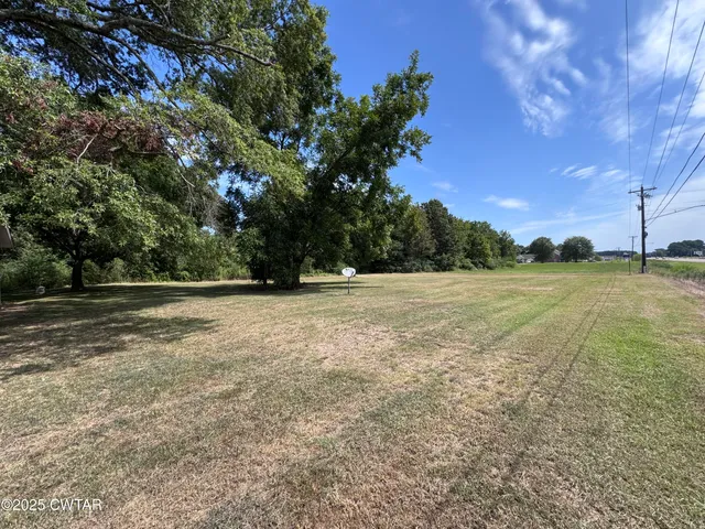 a view of dirt field with trees