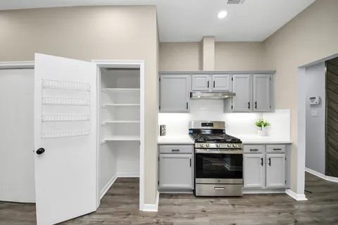 a kitchen with a sink cabinets and wooden floor