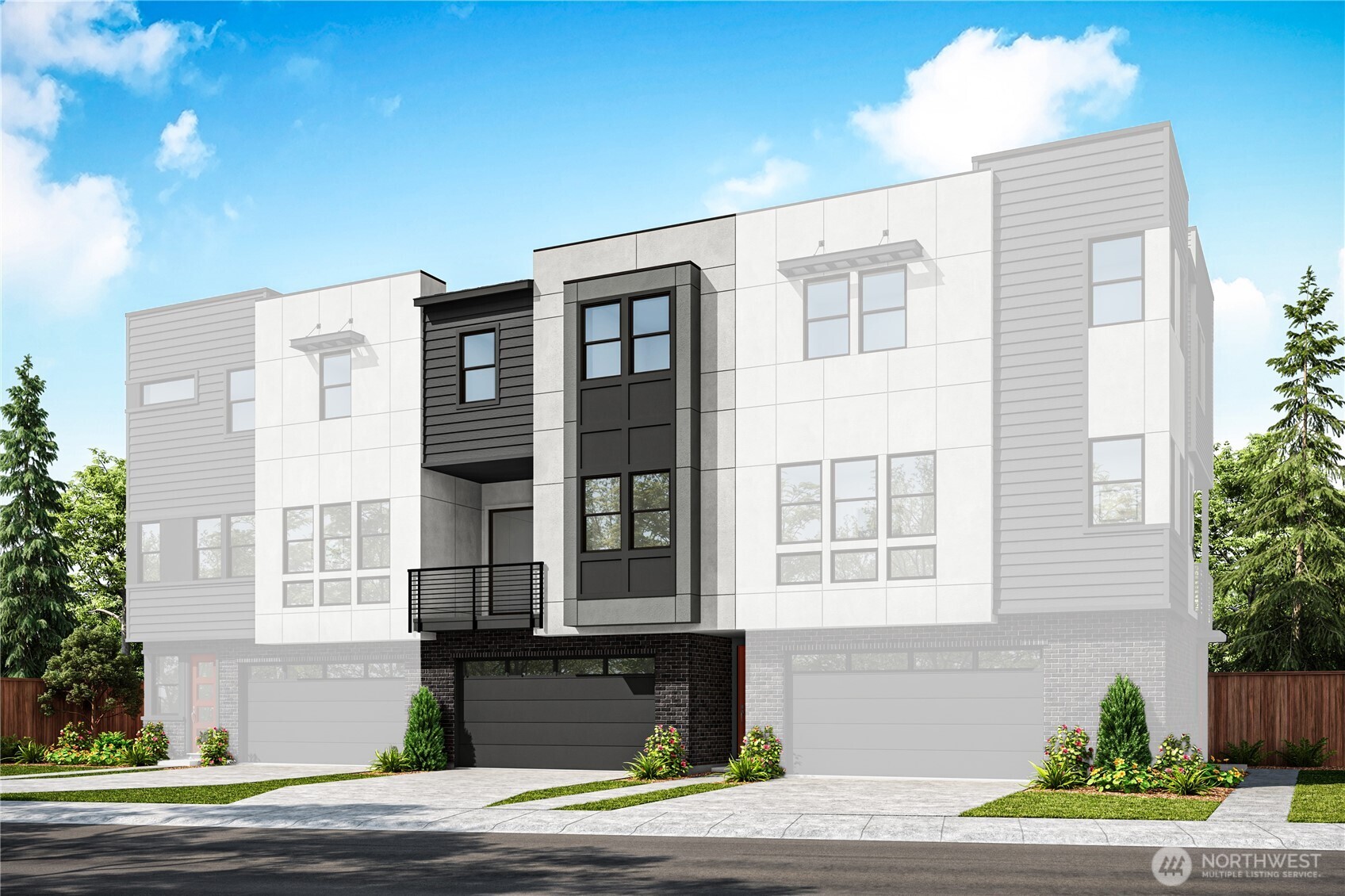 a front view of a building with a garden