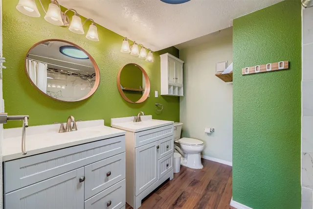 a bathroom with a toilet sink vanity and mirror