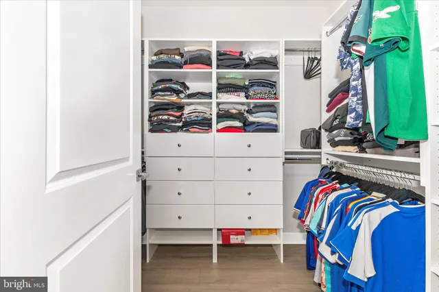 a bedroom with a bed and a walk in closet