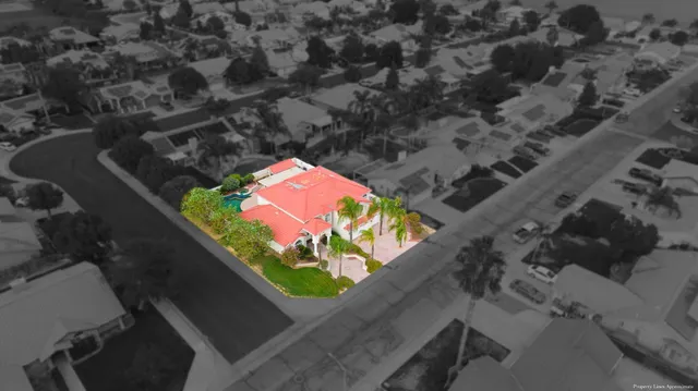 an aerial view of a swimming pool