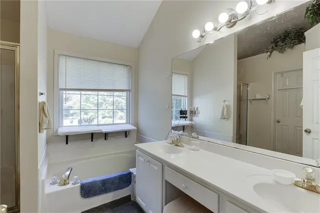 a bathroom with a sink vanity and a mirror