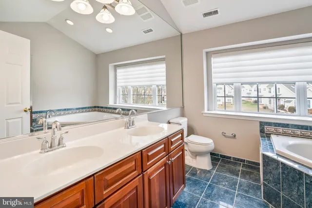 a bathroom with a sink a toilet and a large mirror