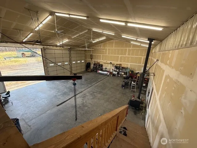 a view of a garage with storage