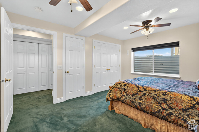 4768 East Hickman Canyon Road Stockton, UT 84071 - Photo 48 of 85 Basement bedroom featuring dark carpet, ceiling fan, two closets, and recessed lighting.