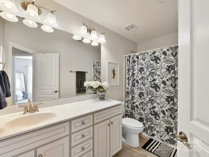 a bathroom with a sink a toilet and a mirror