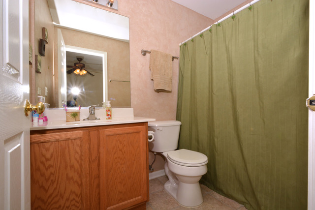 285 South Oak Creek Lane, Unit 285 Romeoville, IL 60446 - Photo 17 of 24 a bathroom with a sink a toilet a mirror and shower curtain