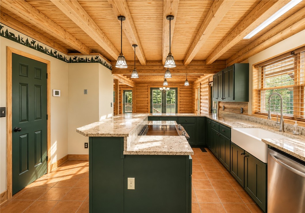 414 Devon Way Anderson, SC 29621 - Photo 12 of 50 A well-appointed kitchen features rich green cabinetry, gleaming granite counters, and a rustic wood-beamed ceiling.