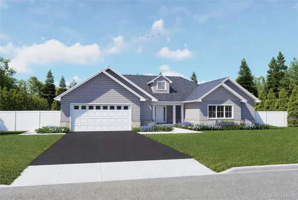 a house that is sitting in front of a big yard with potted plants