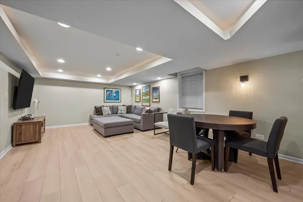a view of a dining room with furniture