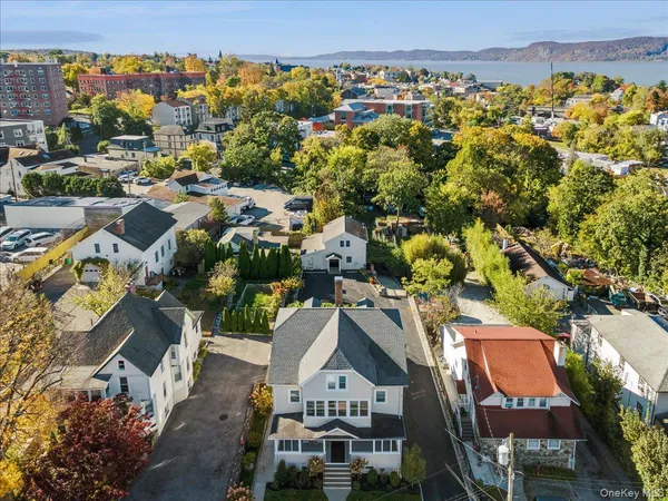 an aerial view of a house with a garden