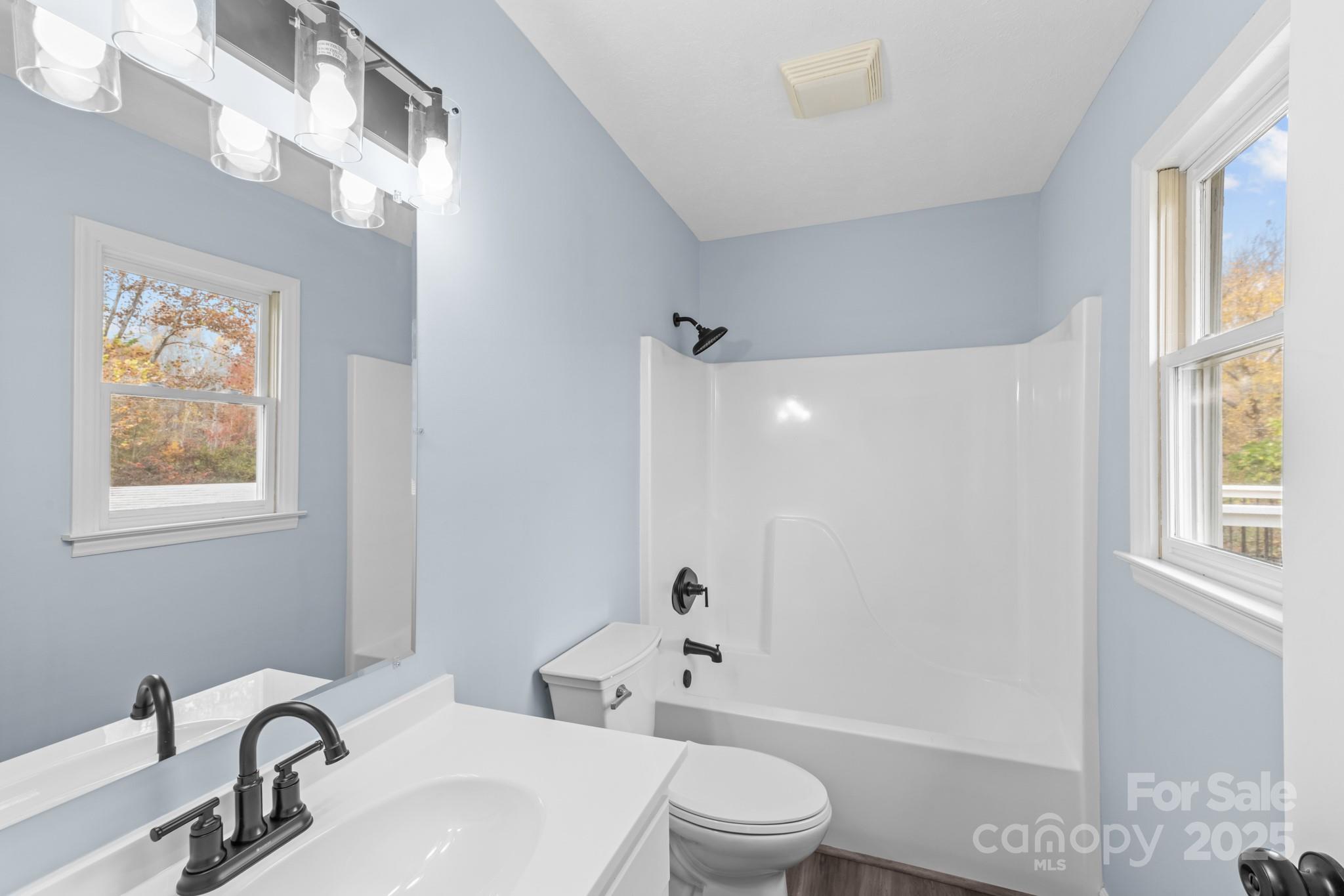 2830 Ellerwood Road Hudson, NC 28638 - Photo 41 of 46 a bathroom with a toilet a sink a mirror a window and vanity