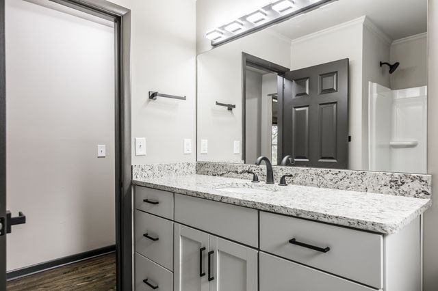 a bathroom with a granite countertop sink and a mirror