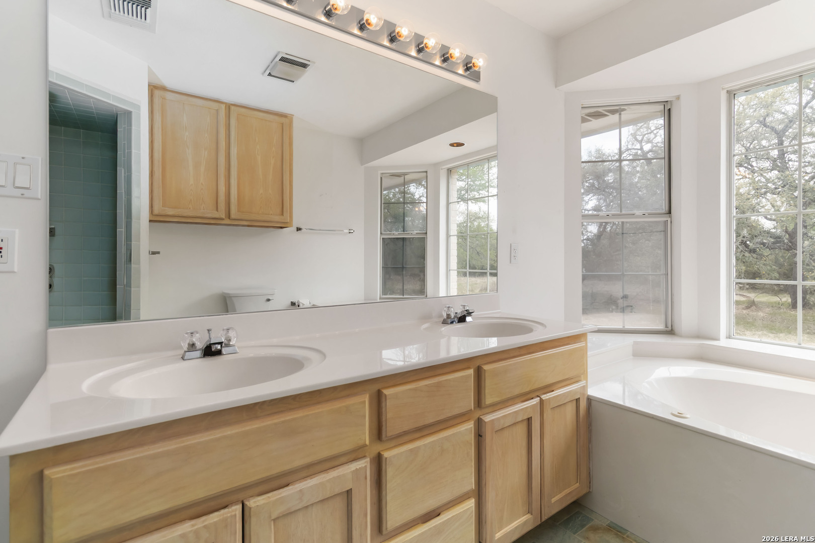 31949 Oak Ridge Parkway Bulverde, TX 78163 - Photo 25 of 50 a bathroom with a granite countertop sink mirror and a bathtub