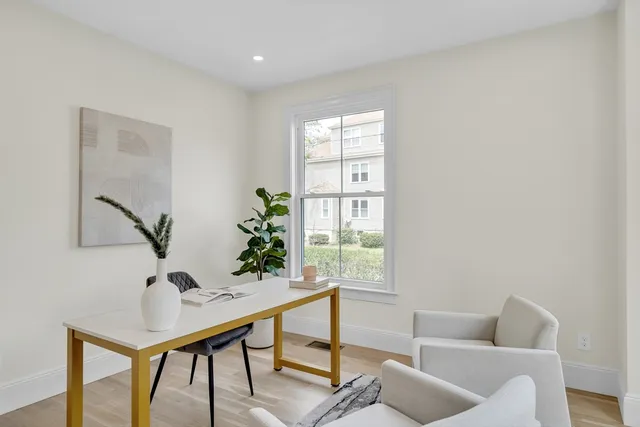 a view of a livingroom with furniture and a potted plant