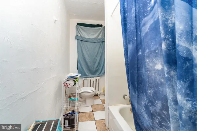 a bathroom with a toilet and a shower curtain