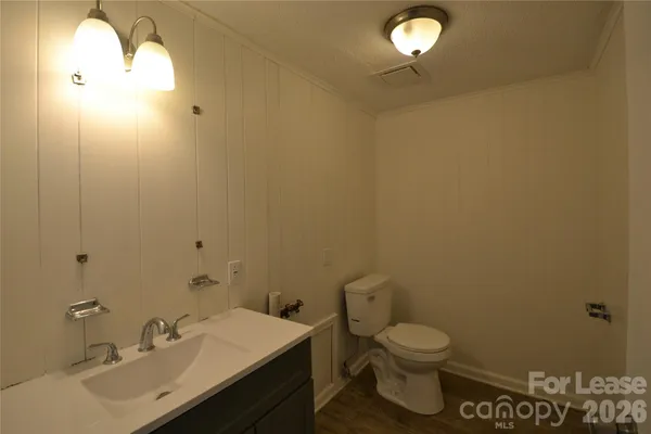 a bathroom with a sink mirror vanity and toilet