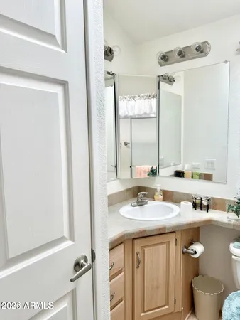 a bathroom with a sink a toilet and a mirror
