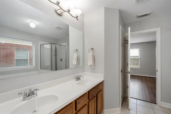 a bathroom with a sink a mirror and a shower