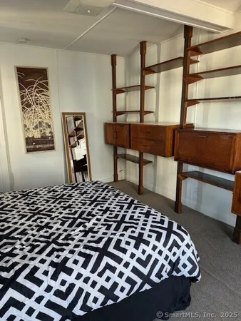 a bedroom with a bed and a closet