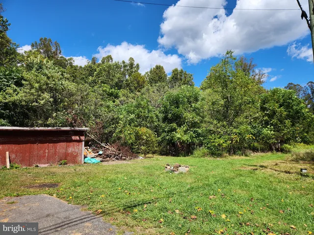 a view of a barn with big yard plants and large trees