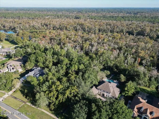 an aerial view of a residential houses with outdoor space and trees