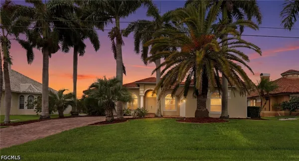 front view of house with a palm tree