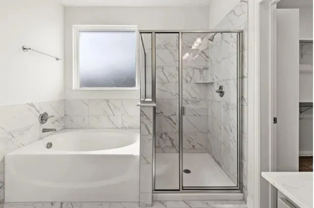 a bathroom with a bathtub and a shower