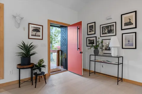 a workspace with furniture and window