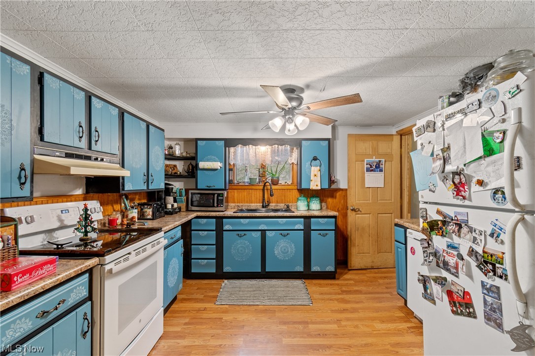 71300 Barton Road Bridgeport, OH 43912 - Photo 10 of 25 Kitchen with sink, white appliances, blue cabinets, light wood-type flooring, and ceiling fan