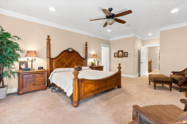 11290 South Southfield Road Mayfield, UT 84643 - Photo 63 of 103 Spacious room featuring carpeting, recessed lighting, crown molding, and a ceiling fan