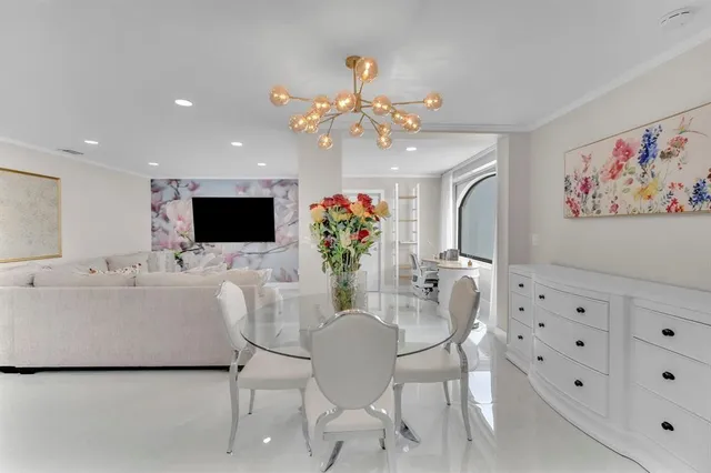 a view of a dining room with furniture