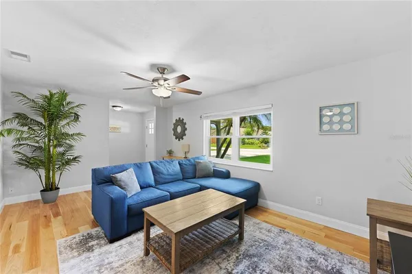 a living room with furniture a chandelier and a potted plant