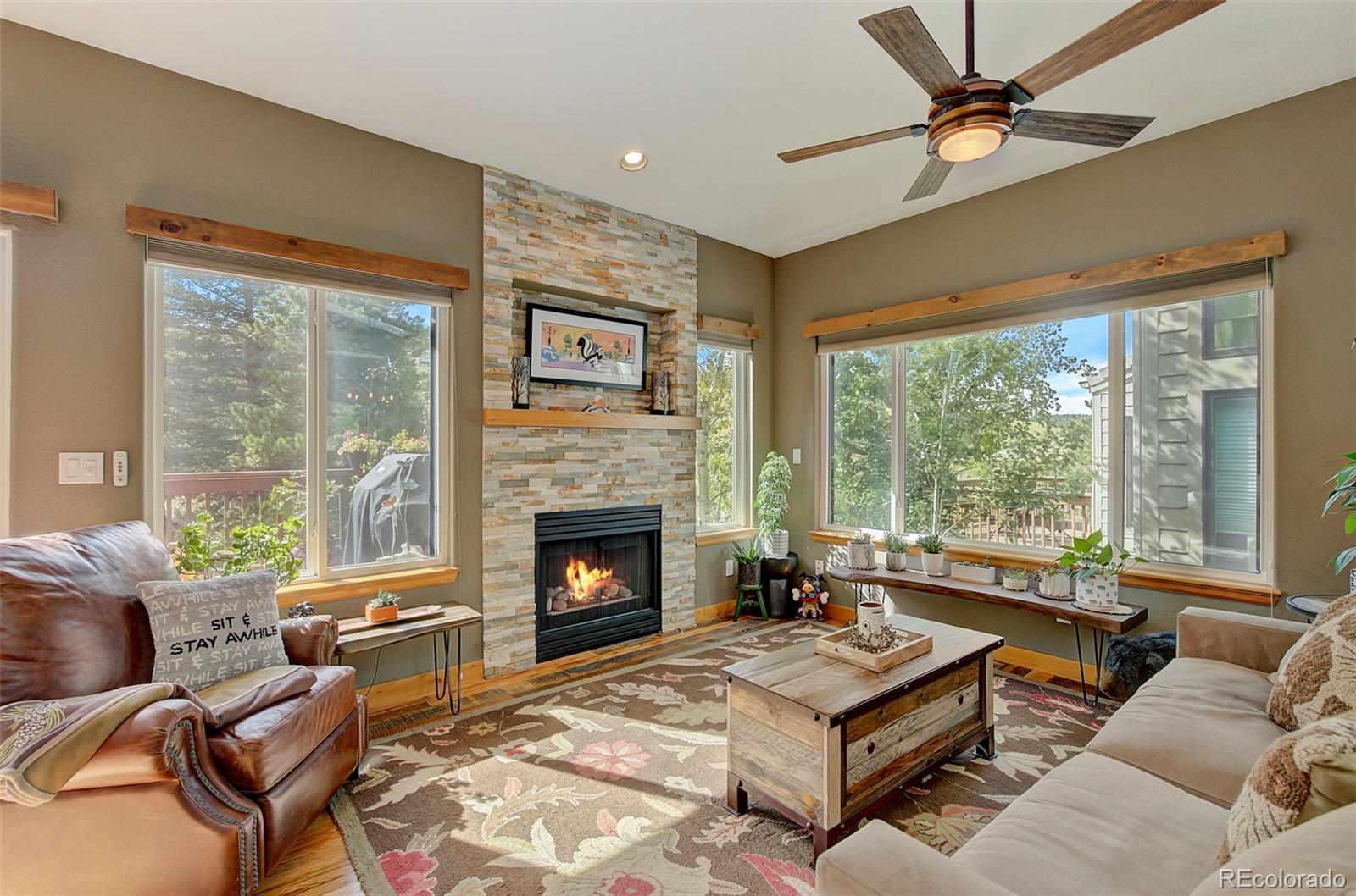 665 Trailside Drive Golden, CO 80401 - Photo 3 of 40 a living room with furniture a flat screen tv and a fireplace