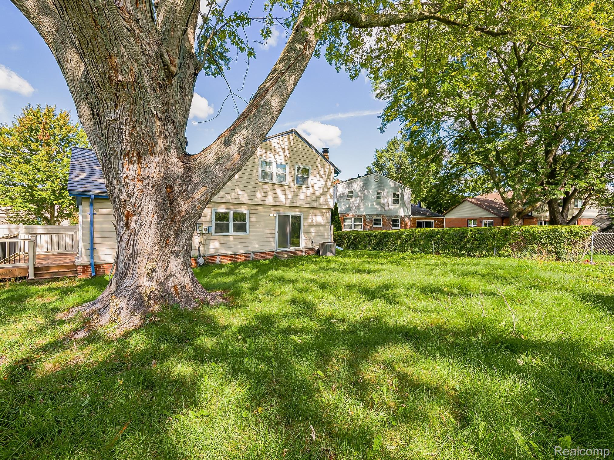 42195 Park Ridge Road Novi, MI 48375 - Photo 47 of 52 Expansive grassy yard featuring a prominent mature tree, a privacy hedge, and a raised wood deck